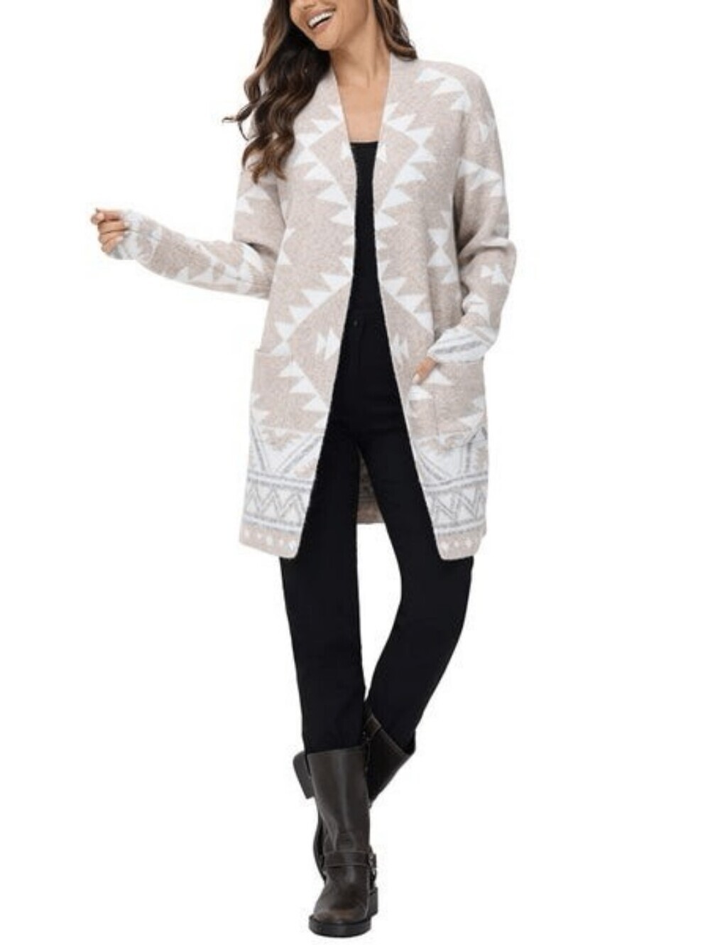 Frye Cream & Beige Geometric Open-Front Cardigan